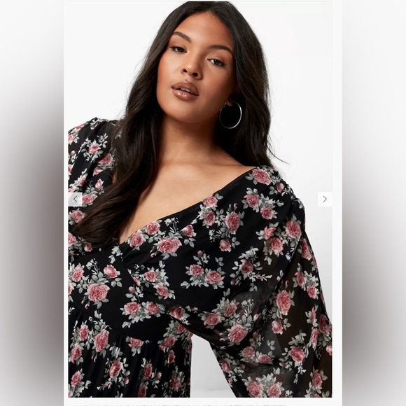 NWT BooHoo Black / Pink  FLORAL PLEATED MIDI SKATER DRESS - Picture 4 of 5